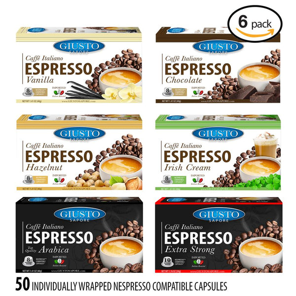 Giusto Sapore Caffe Italiano Espresso Italian Roasted Coffee - Nespresso Compatible Capsules (Asst - 6 Boxes)