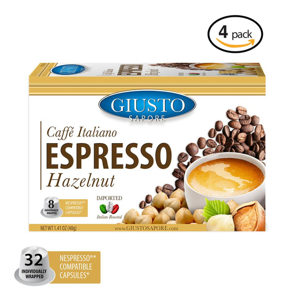 Giusto Sapore Caffe Italiano Espresso Italian Roasted Hazelnut Coffee - 32 Nespresso Compatible Capsules